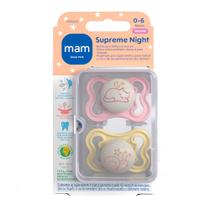 Chupeta Mam Supreme Night Silicone de 0 a 6 Meses Rosa Brilha no Escuro Desenho Sortido 2 Unidades