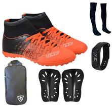 Chuteira Botinha Society Cano Alto Costurada + Caneleira + Meião + Bolsa Esportiva + Relógio Digital