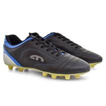 Chuteira Campo EGM Flex Solado Trava Fixa Costurado Cor Preto Azul Cinza
