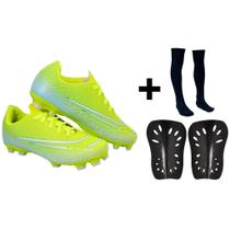 Chuteira Campo Gramado Travas Nova Adulto Infantil + Meião + Caneleira
