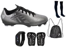 Chuteira Campo UZ Costurado Gramado Futebol + Meião + Relógio + Caneleira + Mochila