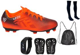 Chuteira Campo UZ Costurado Gramado Futebol + Meião + Relógio + Caneleira + Mochila