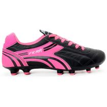 Chuteira Couro Legítimo Campo Gramado Trava Preto Rosa Pink