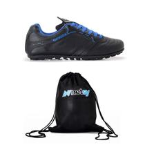 Chuteira Couro Legitimo Preto Azul Royal Society Sola Borracha Colada Costura Mais Mochila Bolsa Esportiva