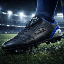 Chuteira EGM Flex Trava Fixa Piao Futebol Campo Grama Em Couro Preto Azul Chuteira EGM Flex Trava Fixa Piao Futebol Campo Grama Em Couro Preto Azul