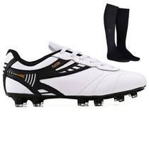 Chuteira Futebol Profissional Masculina de Couro Campo Grama Natural + Meião Chuteira Futebol Profissional Masculina de Couro Campo Grama Natural + Meião