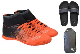 Chuteira Futsal Botinha Adulto Costurada Quadra + Chinelo Slide + Mochila Esportiva