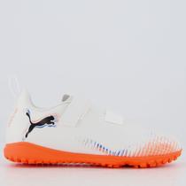 Chuteira Puma Future 8 Play TT V Society Infantil Branca e Laranja