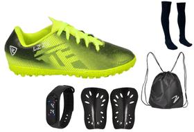 Chuteira Society Adulto Gramado Sintético Sosaite + Relógio Caneleira Mochila Meião