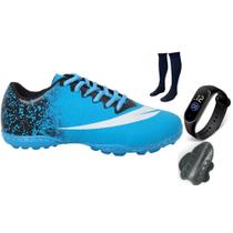 Chuteira Society Adulto Infantil com Meião Caneleira e Relogio New