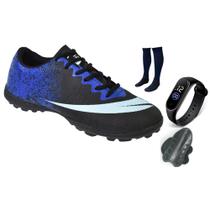 Chuteira Society Adulto Infantil com Meião Caneleira e Relogio New