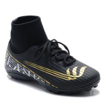 Chuteira Society Botinha Cano Alto Blank Star Preto Dourado com Solado Costurado 34 ao 45