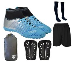 Chuteira Society Cano Alto Botinha Costurada + Caneleira + Meião + Short Esportivo + Bolsa de Mão