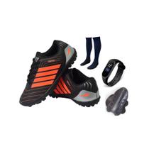 Chuteira Society Revolution Adulto Infantil com Meião Caneleira e Relogio