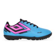 Chuteira Umbro Society Action Jr Azul Preto e Rosa Fluor - Juvenil
