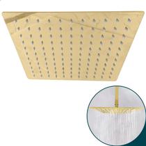 Chuveiro Dourado 20x20 Com Niple Ducha Slim Quadrada De Teto Inox 201 Gold Cascata 20cm A Gas Banheiro Luxo
