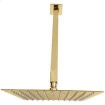 Chuveiro Dourado De Teto 20x20 Ducha Quadrada Inox Dourada Gold Cascata 20cm A Gas Braço Suporte 40cm Slim Square Banheiro Luxo