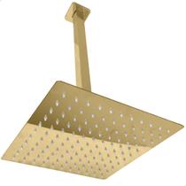 Chuveiro Dourado De Teto 25x25 Ducha Quadrada Inox Dourada Gold Cascata 25cm A Gas Braço Suporte 40cm Slim Square Banheiro Luxo