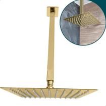 Chuveiro Dourado De Teto 30x30 Ducha Quadrada Inox Dourada Gold Cascata 30cm A Gas Braço Suporte 40cm Slim Square Banheiro Luxo