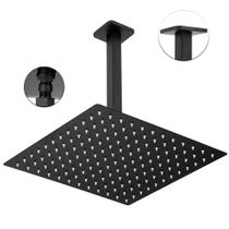 Chuveiro Ducha 20X20 Quadrado Inox Preto Fosco Suporte Teto