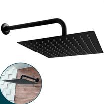 Chuveiro Ducha Preta Quadrada Inox Banheiro 20x20 De Parede Fria Slim Cascata A Gas 20cm Braço Redondo Curvado Suporte Haste Horizontal