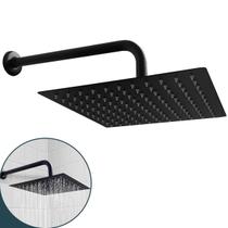 Chuveiro Ducha Preta Quadrada Inox Banheiro 20x20 De Parede Fria Slim Cascata A Gas 20cm Braço Redondo Curvado Suporte Haste Horizontal