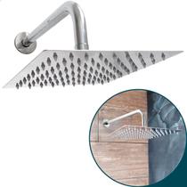 Chuveiro Ducha Quadrada Inox Polido Banheiro 25x25 De Parede Fria Slim Cascata A Gas 25cm Braço Redondo Curvado Suporte Haste Horizontal