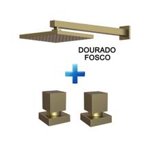 Chuveiro Quadrado Dourado Fosco + 2 Acabamentos P/ Registros