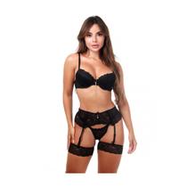 Cinta Liga Corpete Com Meias 7/8 Perneira Lingerie Preto - Feminnita