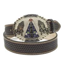 Cinto Atrevidu's Country Entalhado Duas Costuras em Couro Legítimo Com fivela Nossa Senhora