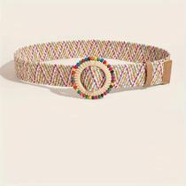 Cinto Boho de Palha Feminino - Fivela Redonda, Estilo Clássico de Verão