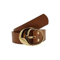Cinto Classe Couro Legítimo Feminino Marrom Fivela Metal Dourado Redonda CF31