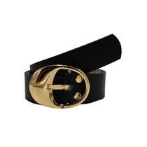 Cinto Classe Couro Legítimo Preto Feminino Fivela Metal Dourado Redonda CF31