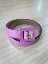 Cinto Colorido em Couro com Fivela Quadrada Encapada - Lilás / Amarelo / Verde