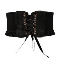 Cinto Corset Largo Cintura Alta Couro PU Laço Botão Babado - Belt