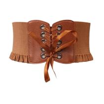 Cinto Corset Largo Cintura Alta Couro PU Laço Botão Babado Cinto Corset Largo Cintura Alta Couro PU Laço Botão Babado