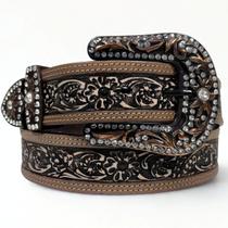 Cinto Country Feminino Couro Legítimo Strass Bordado Fivela