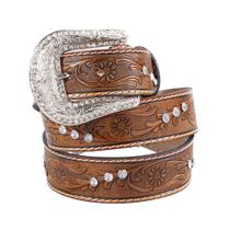 Cinto Country Feminino Em Couro Floral Fivela Strass Removivel