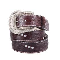 Cinto Country Feminino Em Couro Floral Fivela Strass Removivel