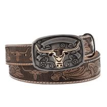 Cinto Country Masculino Estampado Couro Fivela Boi com Fivela Grande