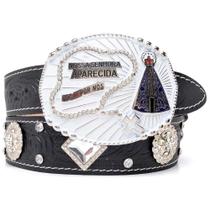 Cinto Couro Feminino Fivela Redonda Terço Nossa Senhora de Aparecida Detalhes Strass Brilho Cinto Couro Feminino Fivela Redonda Terço Nossa Senhora de Aparecida Detalhes Strass Brilho