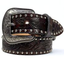 Cinto Couro Legítimo Infantil Western Marrom Bordado Tachas