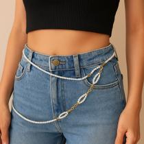Cinto de cintura bodychain ouro e prata mini pérolas e corrente