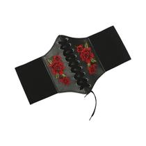 Cinto de Cintura Feminino Gótico - PU, Bordado Floral Vintage, Preto, Largo