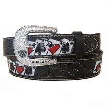 Cinto de Couro Carta de Baralho Preto Fivela Country Aria Prata Tamanho:P Cinto de Couro Carta de Baralho Preto Fivela Country Aria Prata Tamanho:P