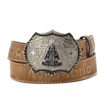 Cinto de Couro com Fivela Decorada Country Nossa Senhora Bordado Ave Maria
