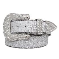 Cinto de Couro Feminino com Gliter Prata Pyramid 26926