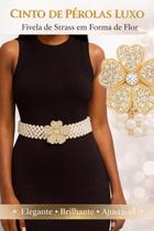 Cinto de Pérolas Feminino Luxo com Fivela Flor em Strass Elegante, Brilhante, Ajustável 110 cm