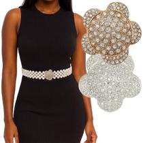 Cinto de Pérolas Luxo Feminino Regulável 110cm com Fivela Flor em Strass Dourado ou Prata Cinto de Pérolas Luxo Feminino Regulável 110cm com Fivela Flor em Strass Dourado ou Prata