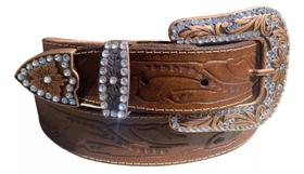 Cinto de Strass Country em Couro Unissex c/ Brilho Marrom
